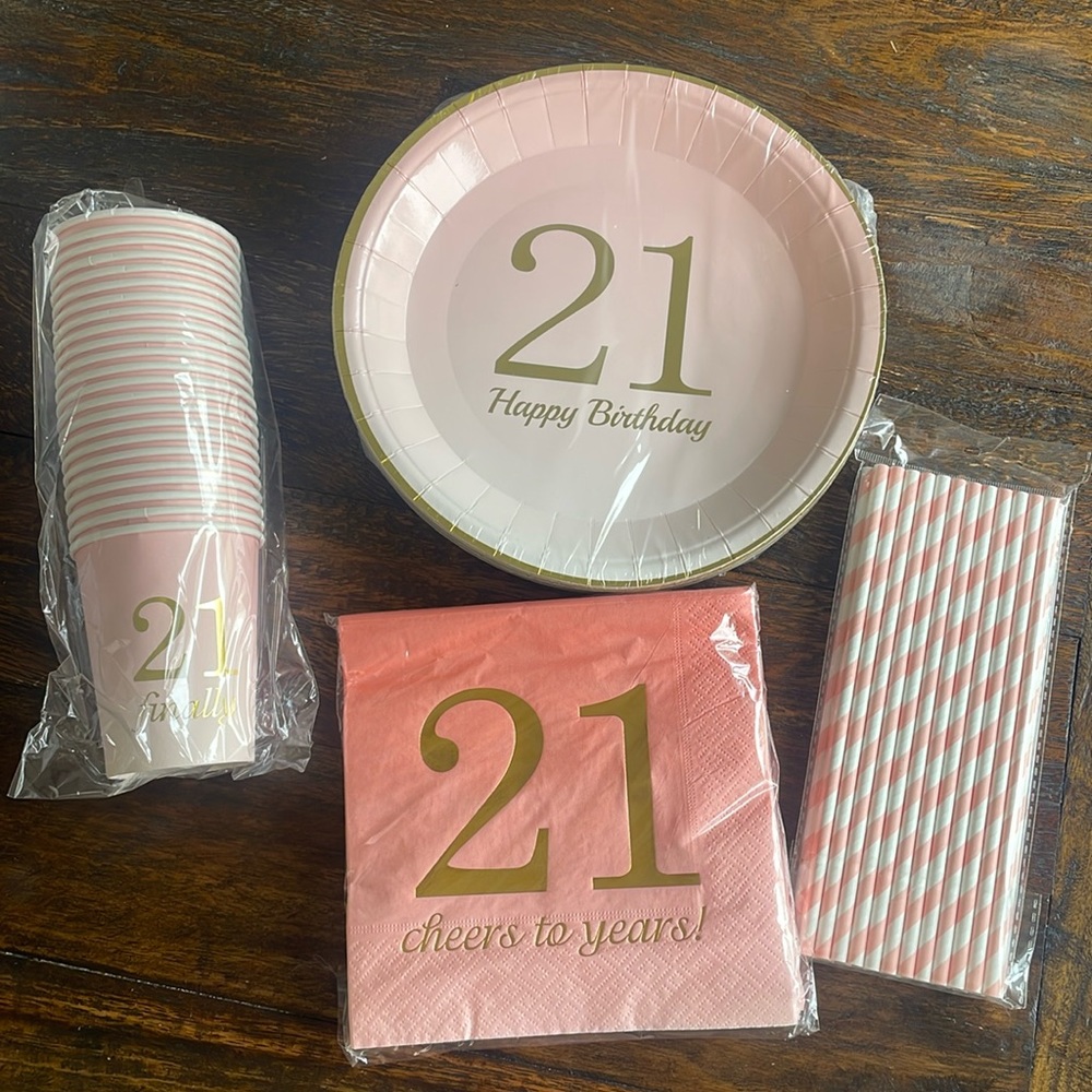 21 Birthday Decorations Party Supplies Napkins, Cups, Plates, Straws- Set of 24